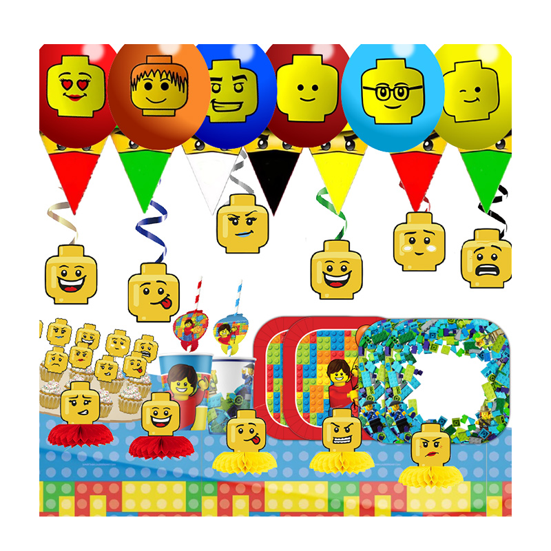 Science Of Happiness - ビルディングブロックハッピーバースデーバナーパーティーデコレーション紙食器ケーキトッパーラテックスバルーンベビーシャワーパーティー用品