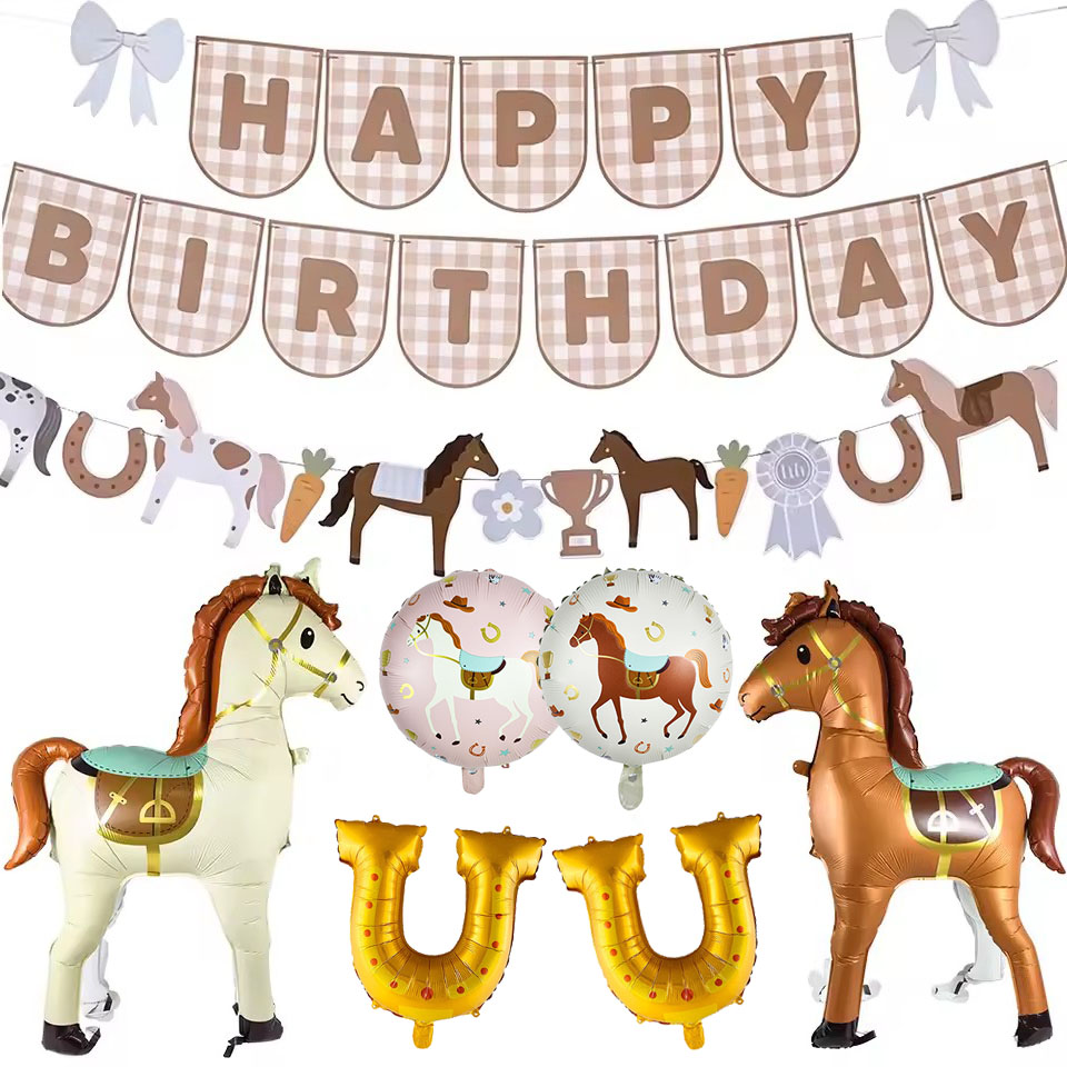 Science Of Happiness - 馬の誕生日デコレーション ハッピーバースデーバナー バルーン 馬のガーランド カウボーイテーマ ベビーシャワーデコレーション