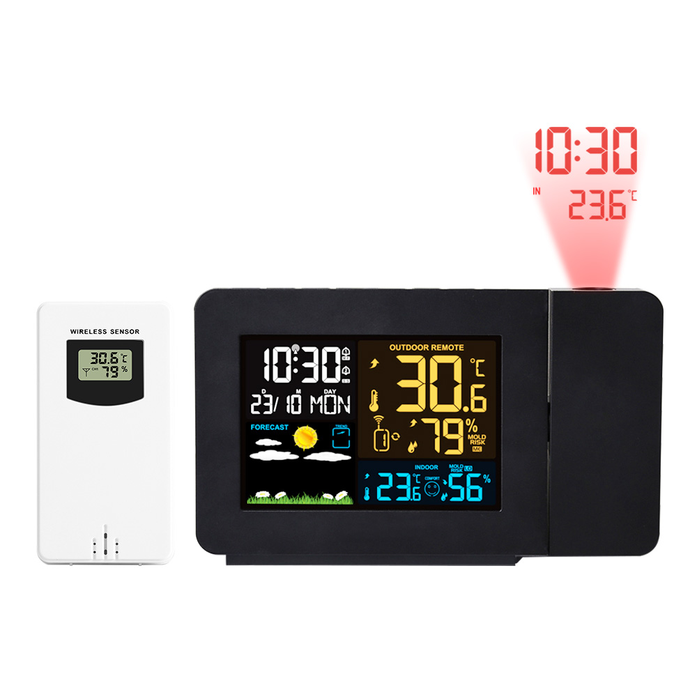 Weather Station Indoor - FanJu ウェザーステーション ワイヤレスセンサー 屋内屋外湿度計 デジタルアラーム投影時計 温度計ツール